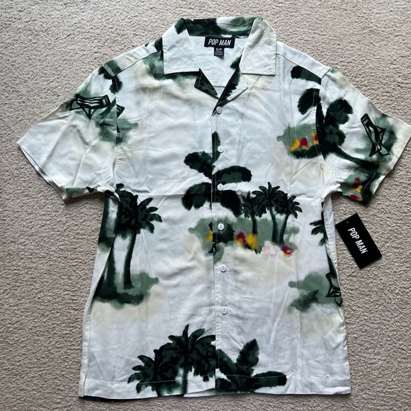 Pop Man Men's Short Sleeve Button Up Shirt Palm Tree Beach Print Green White S - Picture 1 of 13